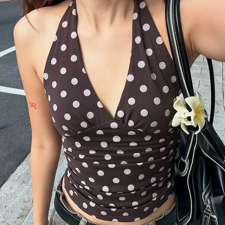 Y2K Polka Dot Low Cut Backless Halter Top