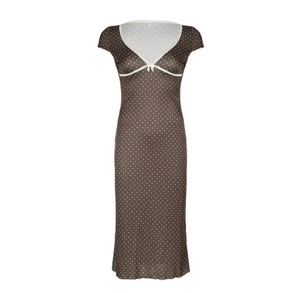 Y2K Polka Dot V Neck Midi Dress