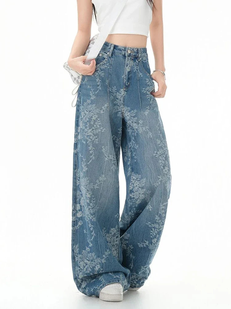 Y2K Printed Retro Floral Denim High Waist Jeans