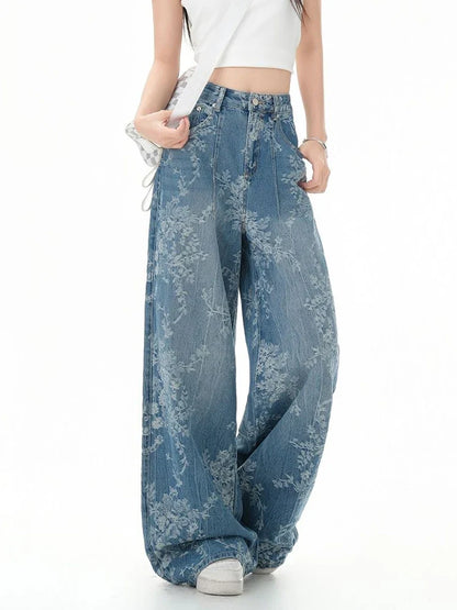 Y2K Printed Retro Floral Denim High Waist Jeans
