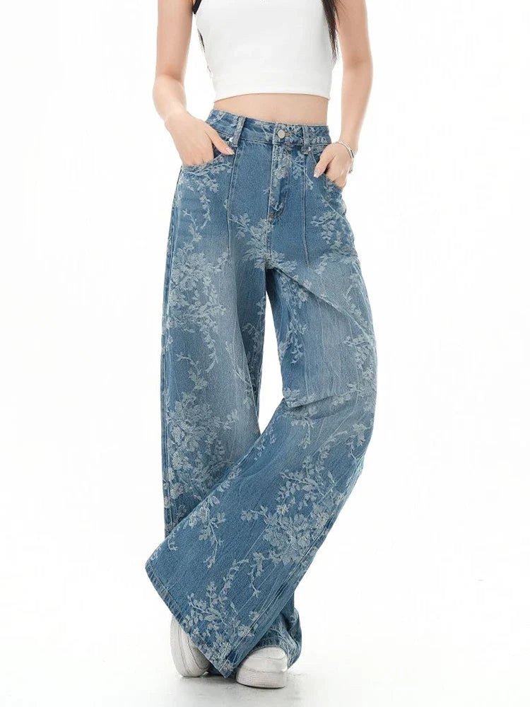Y2K Printed Retro Floral Denim High Waist Jeans