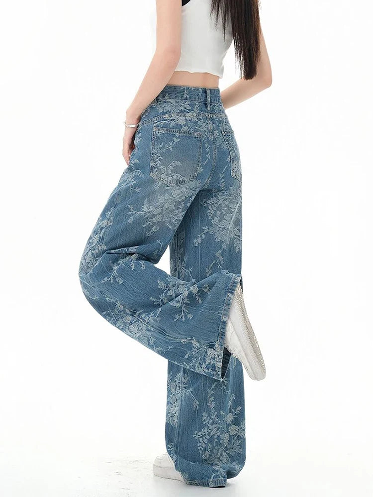 Y2K Printed Retro Floral Denim High Waist Jeans
