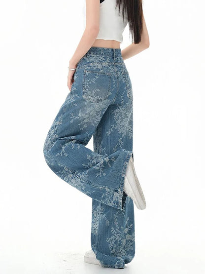 Y2K Printed Retro Floral Denim High Waist Jeans