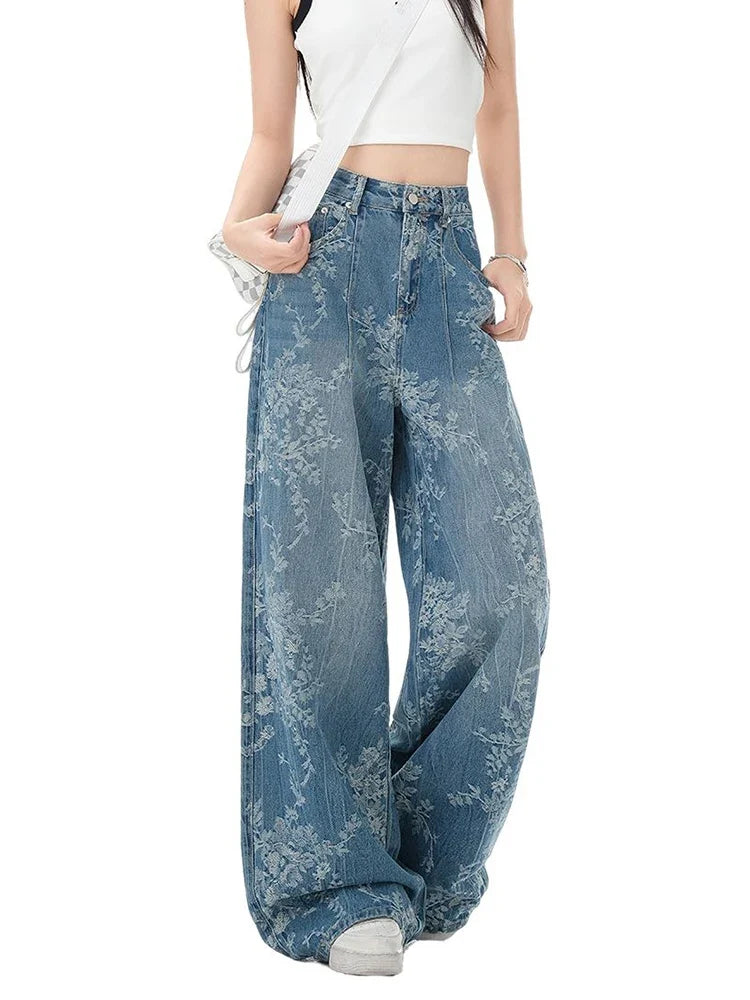 Y2K Printed Retro Floral Denim High Waist Jeans