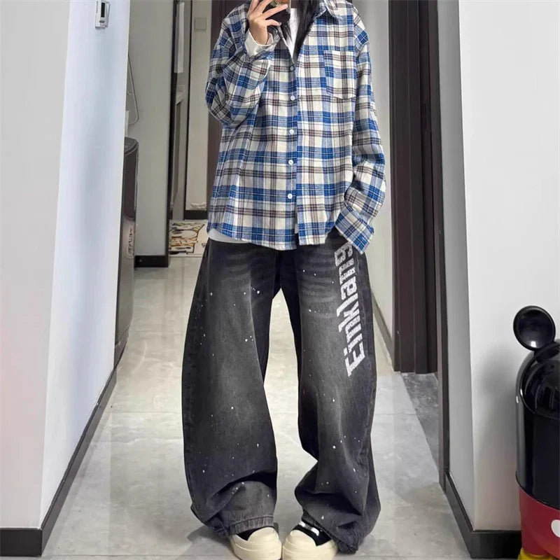 Y2K Printed Wide-Leg Distressed Barrel Jeans