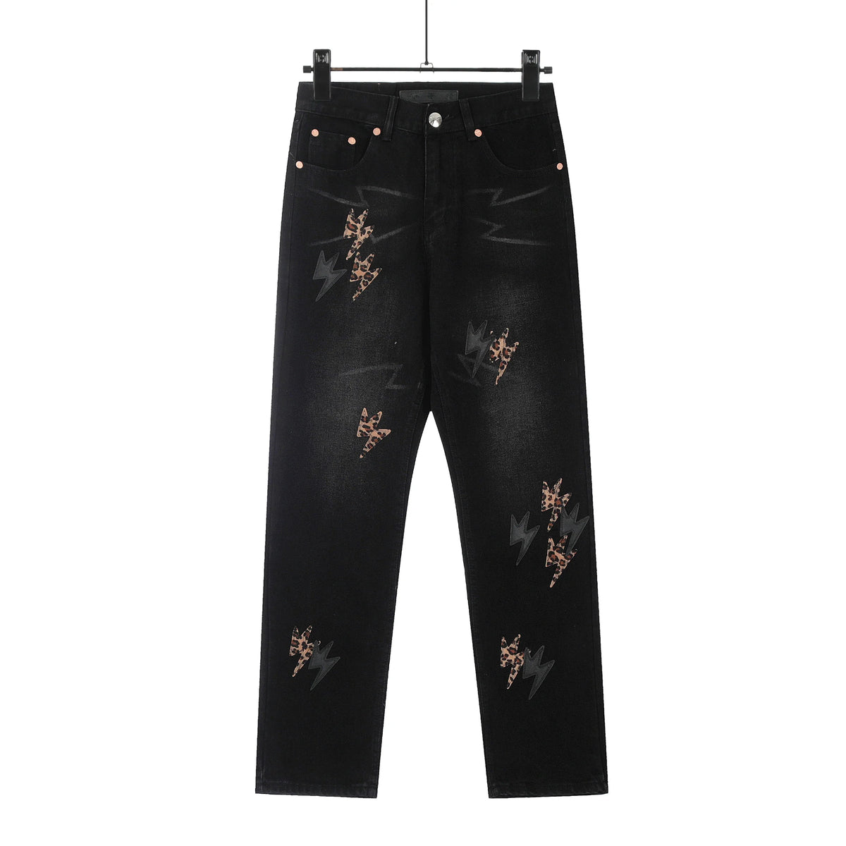 Y2K Pu Leather Patchwork Lightning Embroidery Washed Denim Jeans