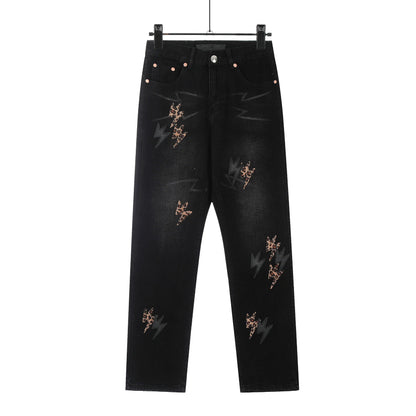Y2K Pu Leather Patchwork Lightning Embroidery Washed Denim Jeans