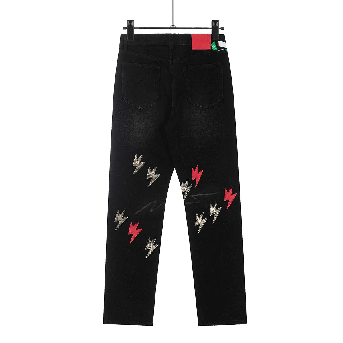 Y2K Pu Leather Patchwork Lightning Embroidery Washed Denim Jeans
