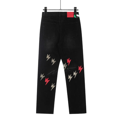 Y2K Pu Leather Patchwork Lightning Embroidery Washed Denim Jeans
