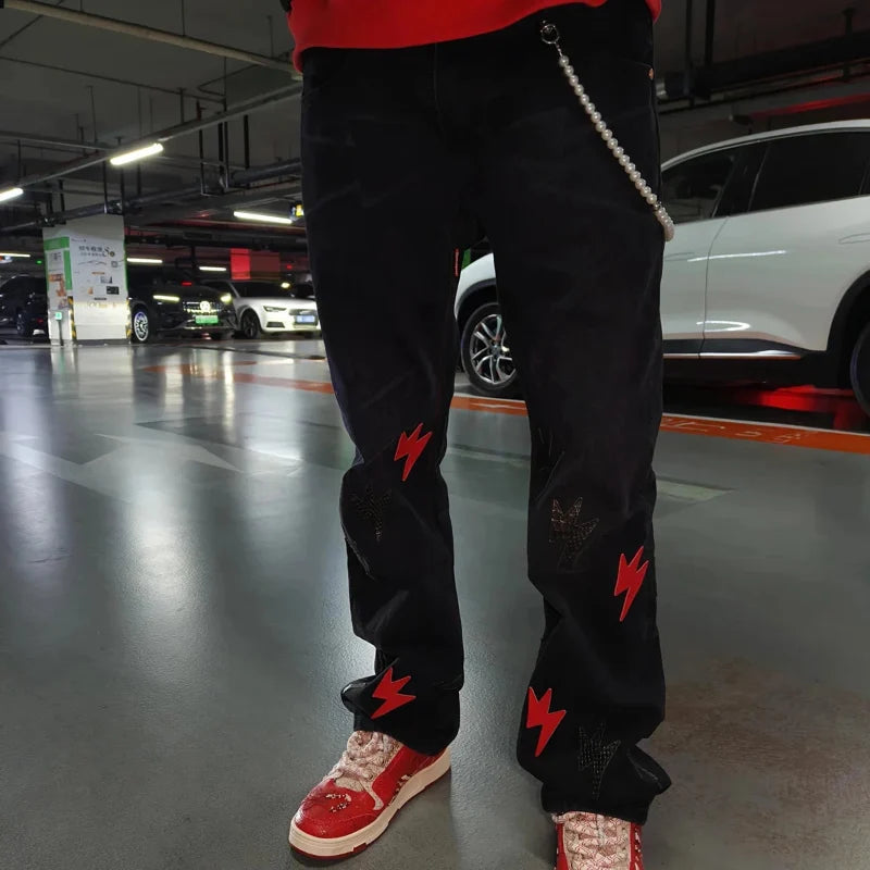 Y2K Pu Leather Patchwork Lightning Embroidery Washed Denim Jeans