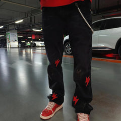 Y2K Pu Leather Patchwork Lightning Embroidery Washed Denim Jeans