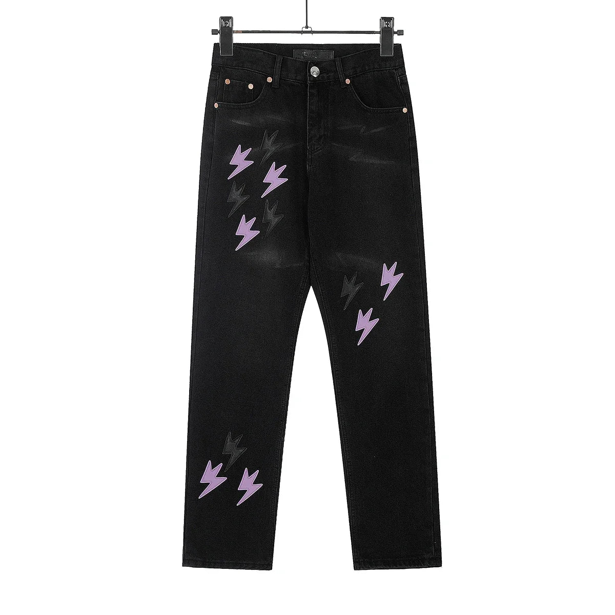 Y2K Pu Leather Patchwork Lightning Embroidery Washed Denim Jeans