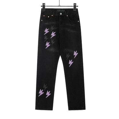 Y2K Pu Leather Patchwork Lightning Embroidery Washed Denim Jeans