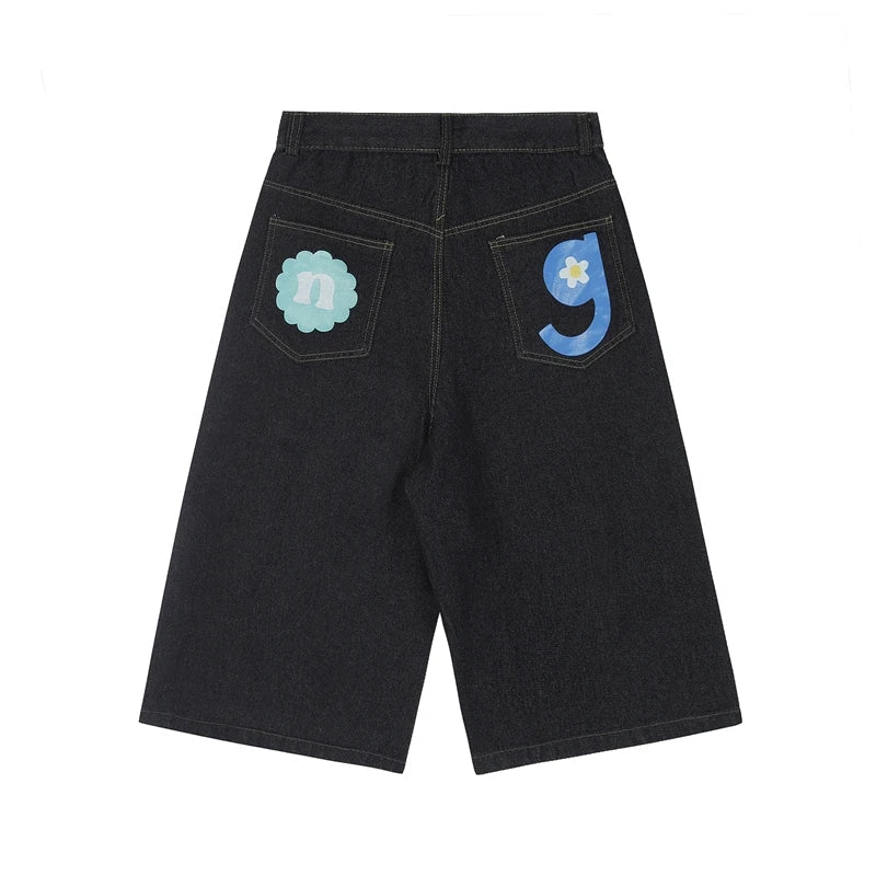Y2K Rainbow Letter Baggy Jean Shorts Jorts