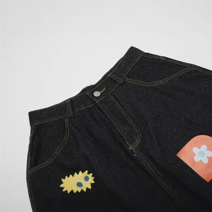 Y2K Rainbow Letter Baggy Jean Shorts Jorts