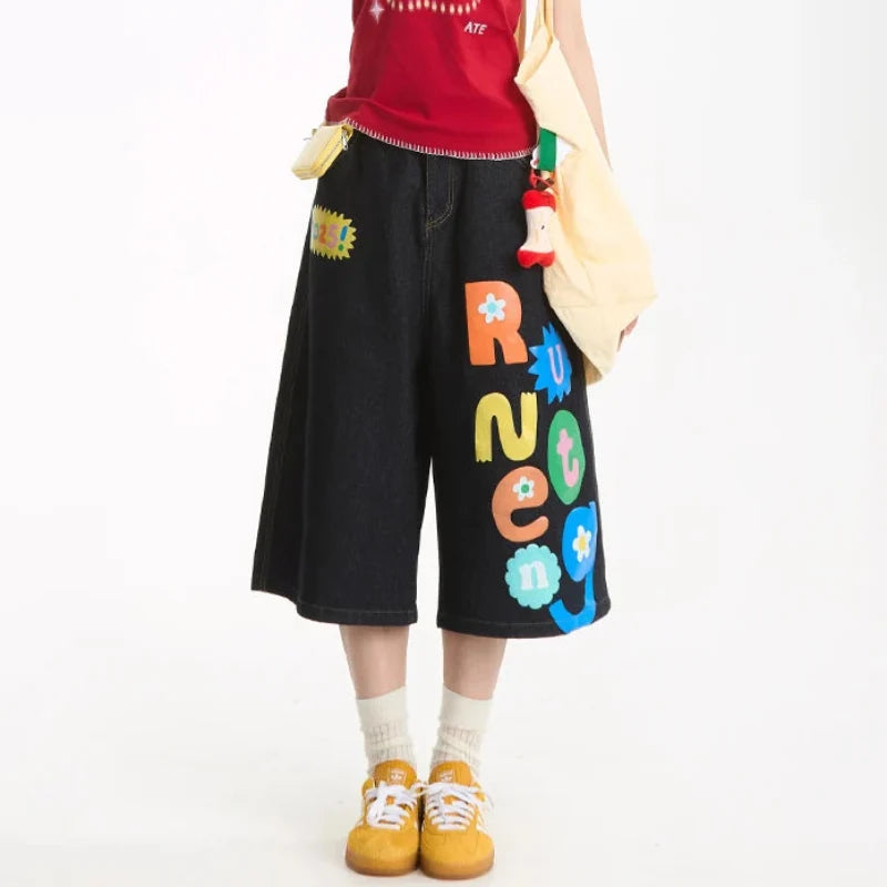 Y2K Rainbow Letter Baggy Jean Shorts Jorts