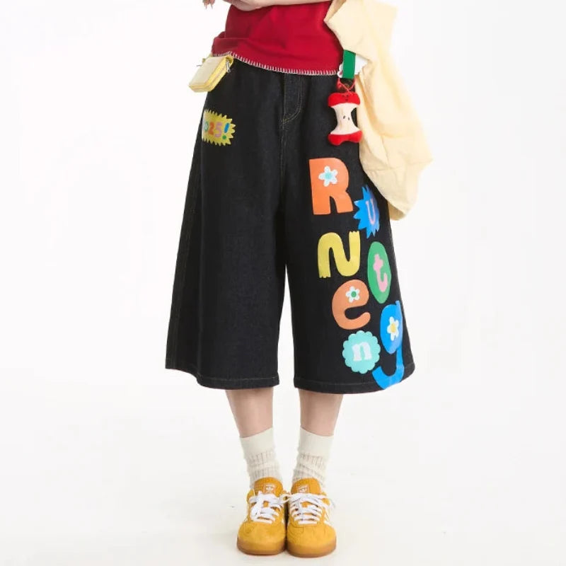 Y2K Rainbow Letter Baggy Jean Shorts Jorts