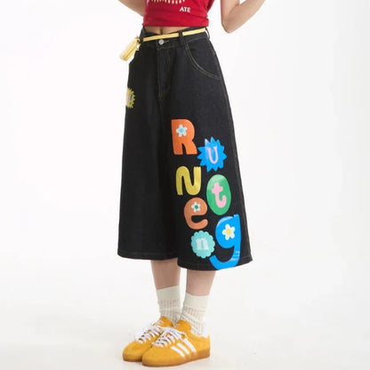 Y2K Rainbow Letter Baggy Jean Shorts Jorts