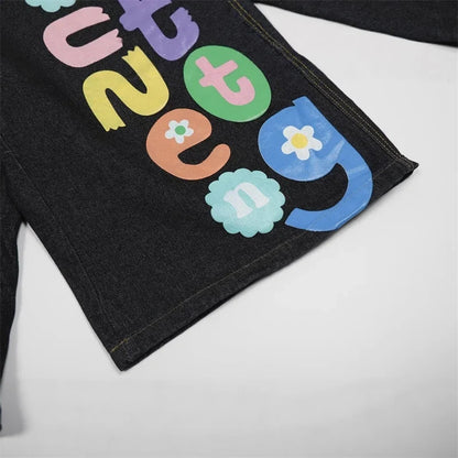 Y2K Rainbow Letter Baggy Jean Shorts Jorts