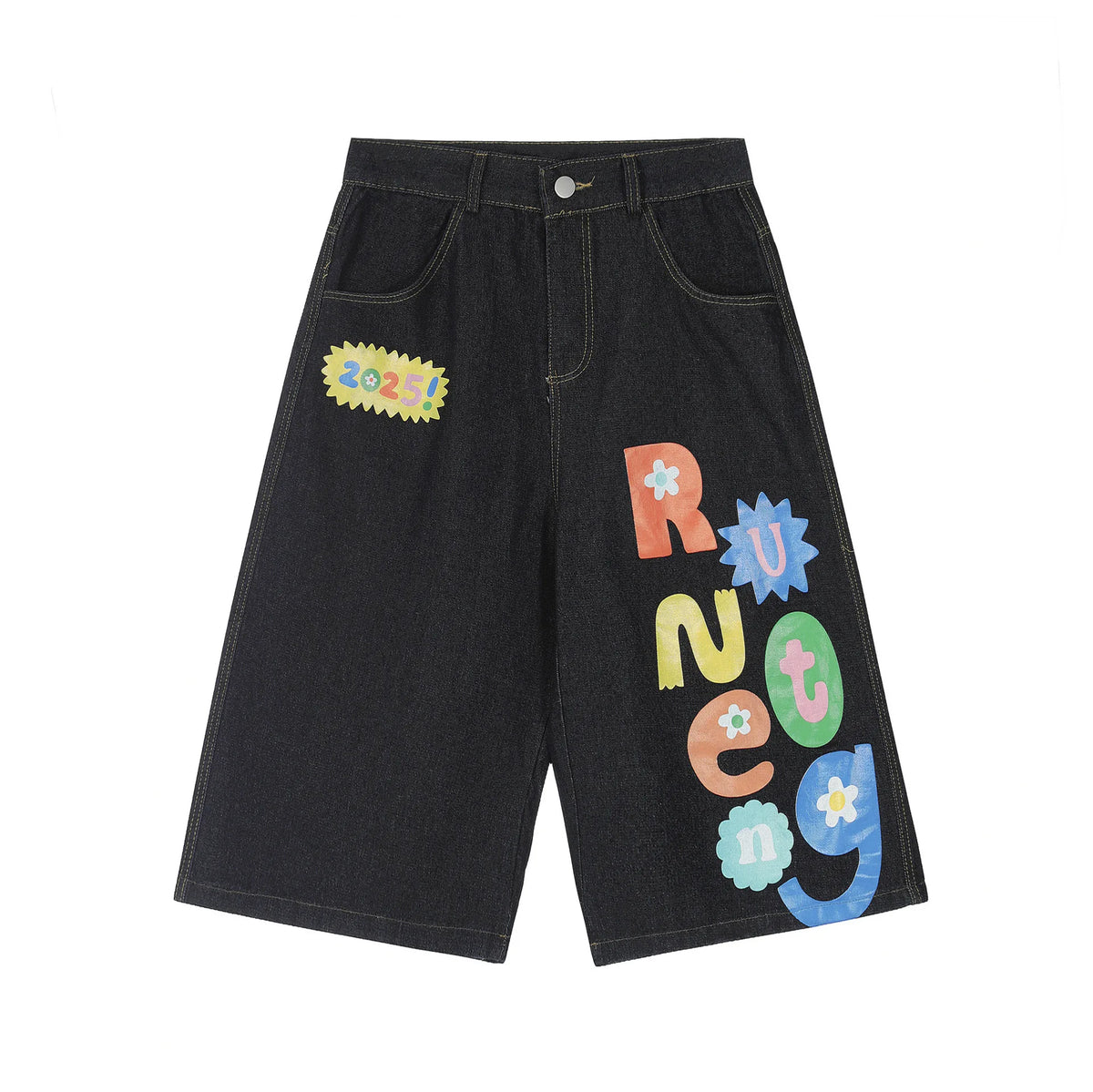 Y2K Rainbow Letter Baggy Jean Shorts Jorts