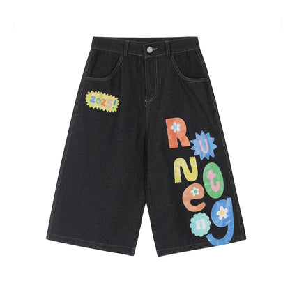 Y2K Rainbow Letter Baggy Jean Shorts Jorts