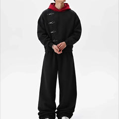 Y2K Red Hood Oversized Black Metal Clasp Hoodie