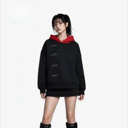 Y2K Red Hood Oversized Black Metal Clasp Hoodie