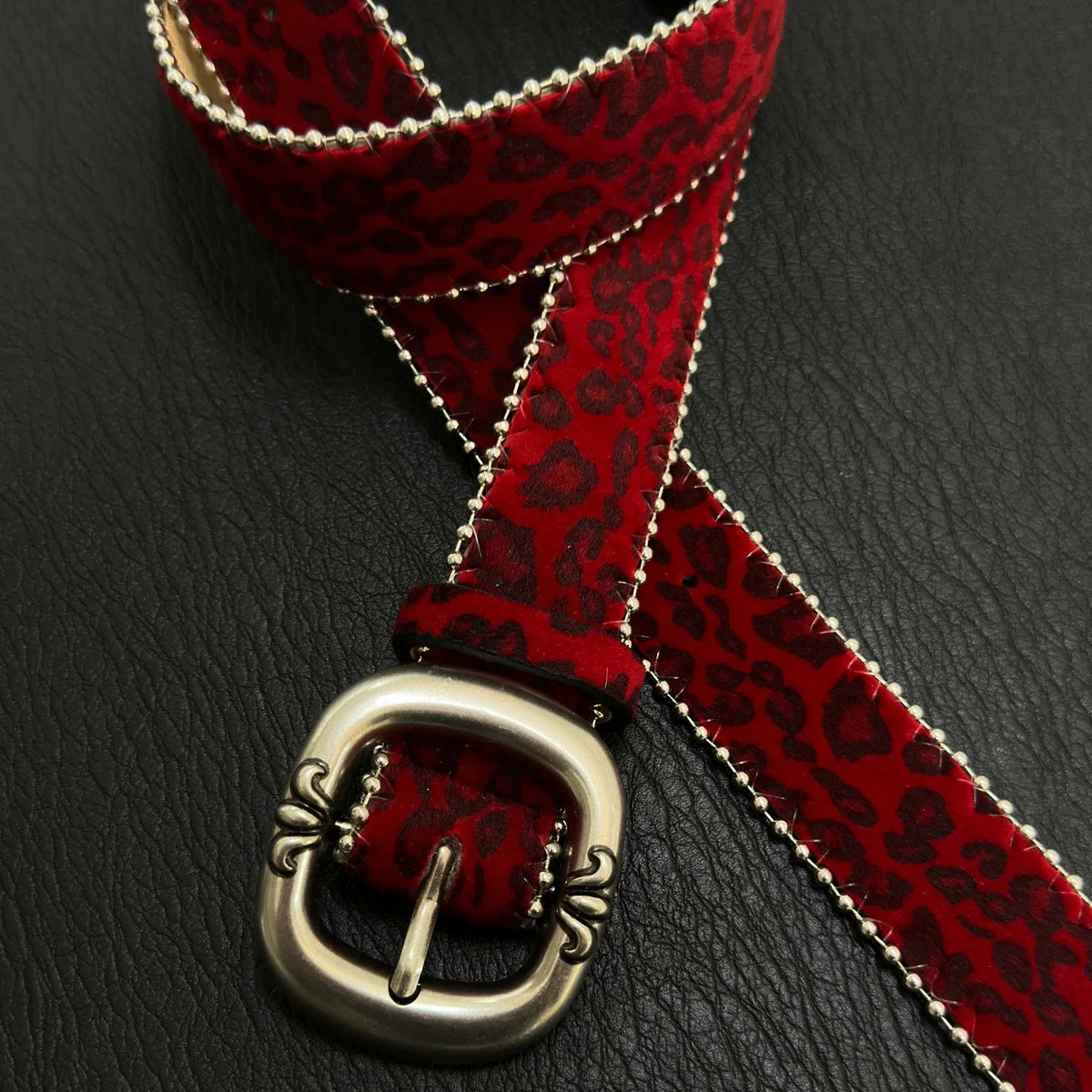 Y2K Red Leopard Print Faux Leather Belt
