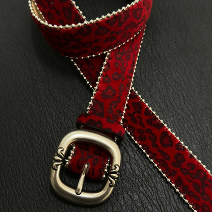Y2K Red Leopard Print Faux Leather Belt