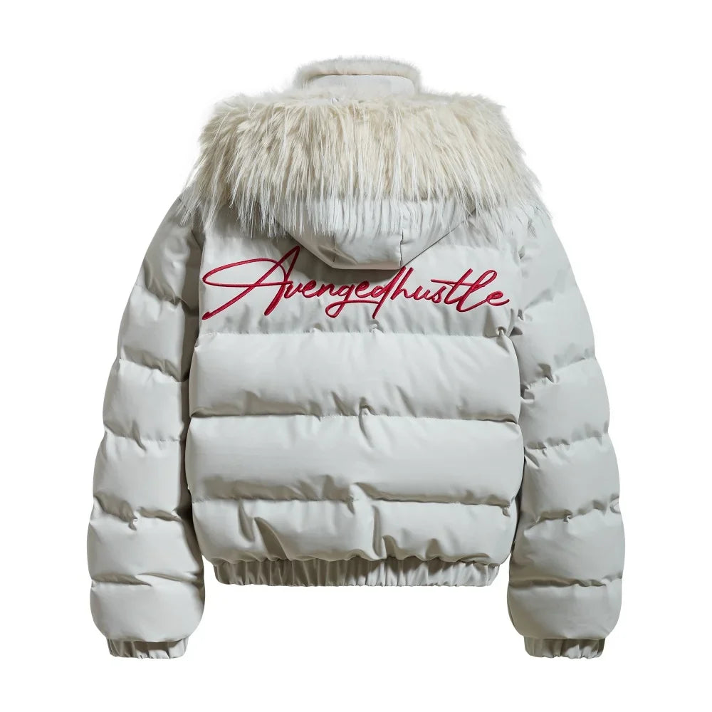 Y2K Red Letter Embroidered Faux Fut Hood Padded Jacket Coat