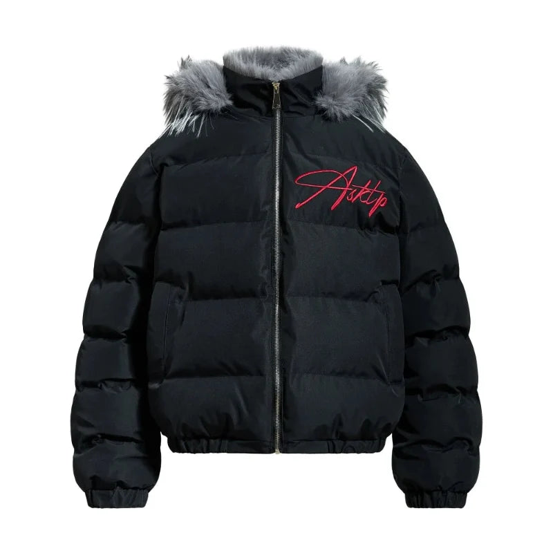 Y2K Red Letter Embroidered Faux Fut Hood Padded Jacket Coat