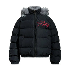 Y2K Red Letter Embroidered Faux Fut Hood Padded Jacket Coat