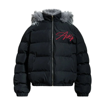 Y2K Red Letter Embroidered Faux Fut Hood Padded Jacket Coat
