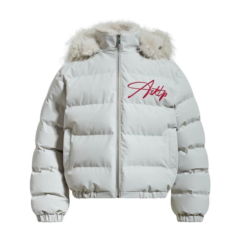 Y2K Red Letter Embroidered Faux Fut Hood Padded Jacket Coat
