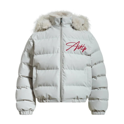 Y2K Red Letter Embroidered Faux Fut Hood Padded Jacket Coat