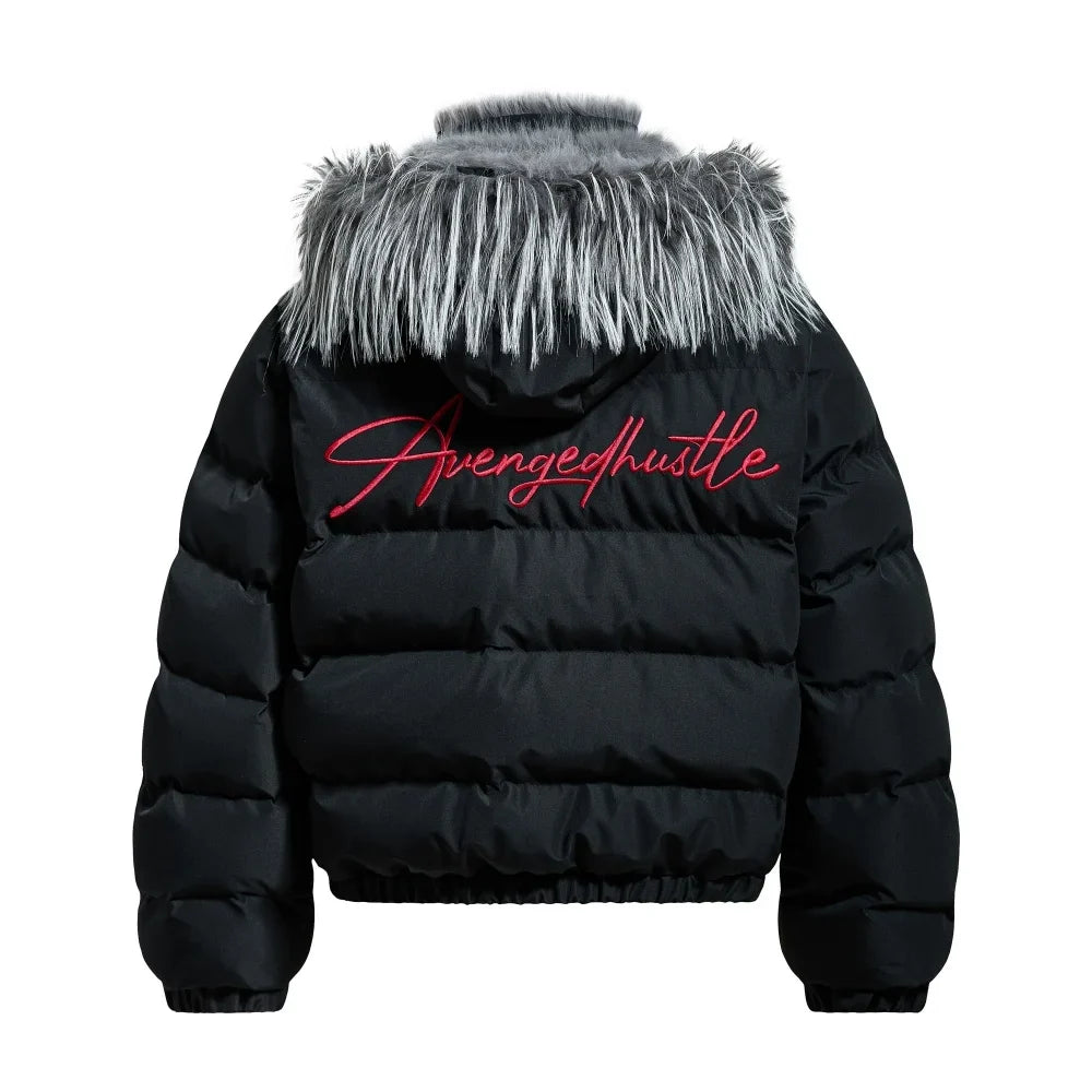 Y2K Red Letter Embroidered Faux Fut Hood Padded Jacket Coat
