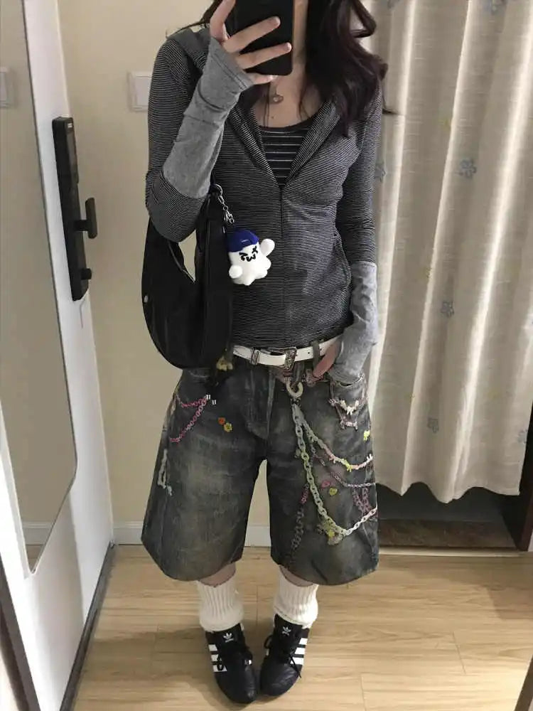 Y2K Retro Accessory Graphic Print Denim Shorts Jorts