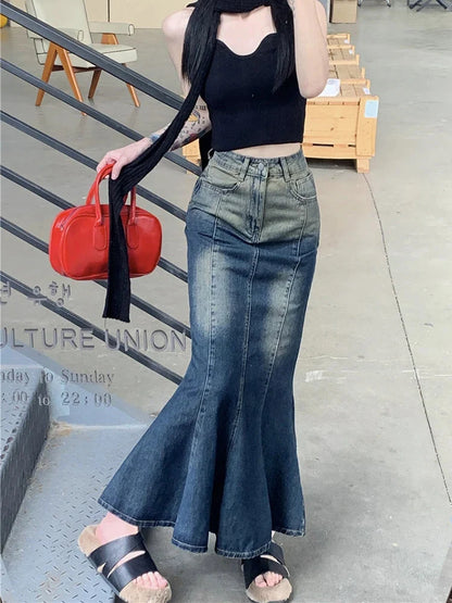 Y2K Retro Blue Mermaid Fishtail Denim Long Maxi Skirt