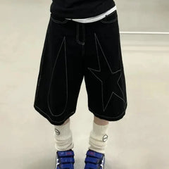 Y2K Retro Star Stencil Black Denim Shorts Jorts