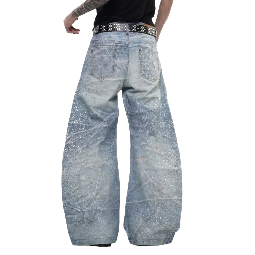 Y2K Rhinestone Distressed Baggy Denim Curved Barrel Jeans