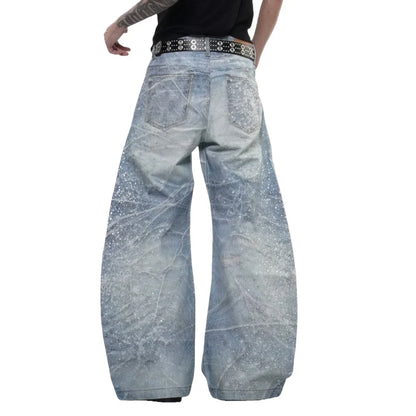Y2K Rhinestone Distressed Baggy Denim Curved Barrel Jeans