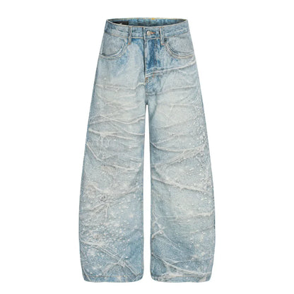 Y2K Rhinestone Distressed Baggy Denim Curved Barrel Jeans