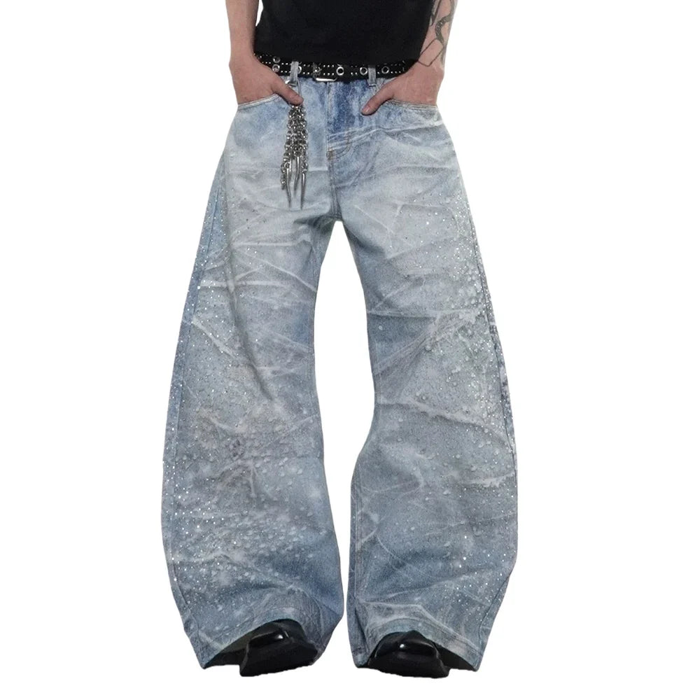 Y2K Rhinestone Distressed Baggy Denim Curved Barrel Jeans