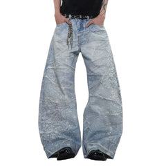 Y2K Rhinestone Distressed Baggy Denim Curved Barrel Jeans