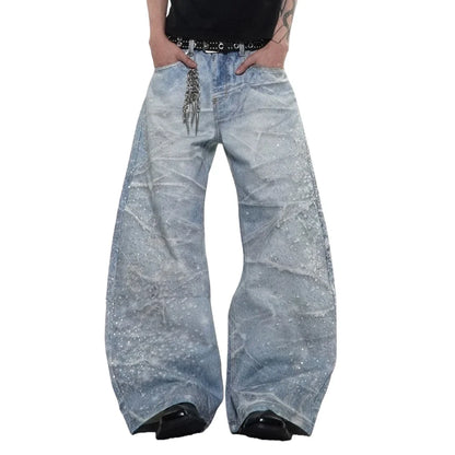 Y2K Rhinestone Distressed Baggy Denim Curved Barrel Jeans