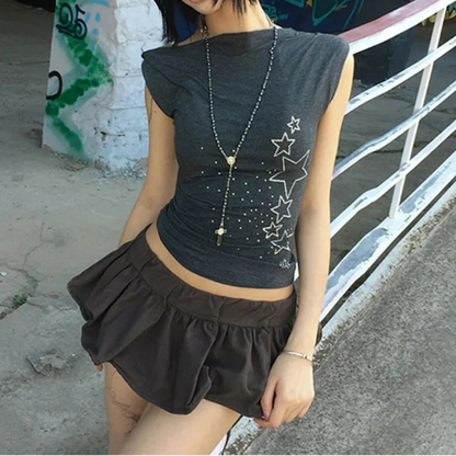 Y2K Rhinestone Star Graphic Off Shoulder Baby Tee