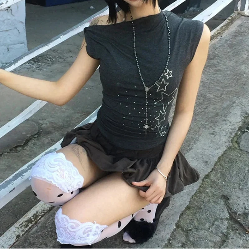 Y2K Rhinestone Star Graphic Off Shoulder Baby Tee
