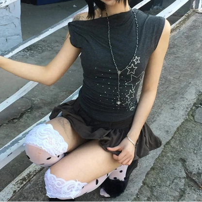 Y2K Rhinestone Star Graphic Off Shoulder Baby Tee