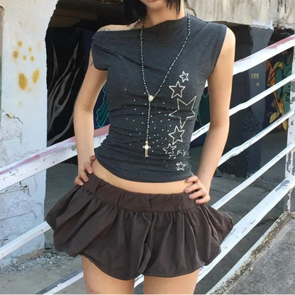 Y2K Rhinestone Star Graphic Off Shoulder Baby Tee