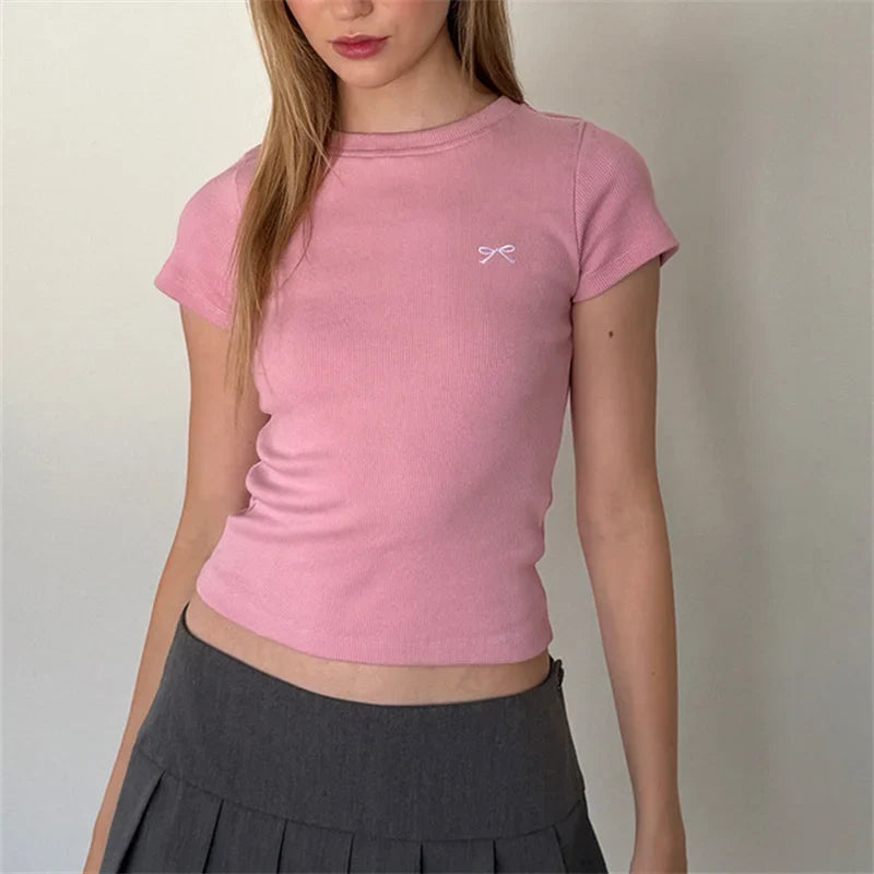 Y2K Ribbon Bow Plain Baby Tee